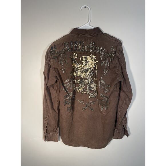 Affliction Gold Lion Brown Long Sleeve Button Up Graphic Print Men's Size M - Picture 6 of 11
